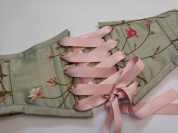 Sage Green Floral Silk Corset Belt Front Lacing Renaissance  display picture 1