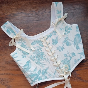 Small Peppermint Bird Toile De Jouy Renaissance Corset 18th Century Half Stays Costume Bodice