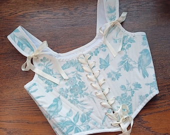 Corsé renacentista Toile de Jouy con estampado de pájaros de menta, siglo XVIII, con media estructura.