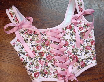 Small Renaissance Stays Corset Pink Floral 18th Century Cottagecore Costume