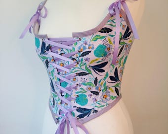 XS Lilac Renaissance Corset Stays 18th Century Costume Floral Dragonfly Vintage Bodice Modesty Panel
