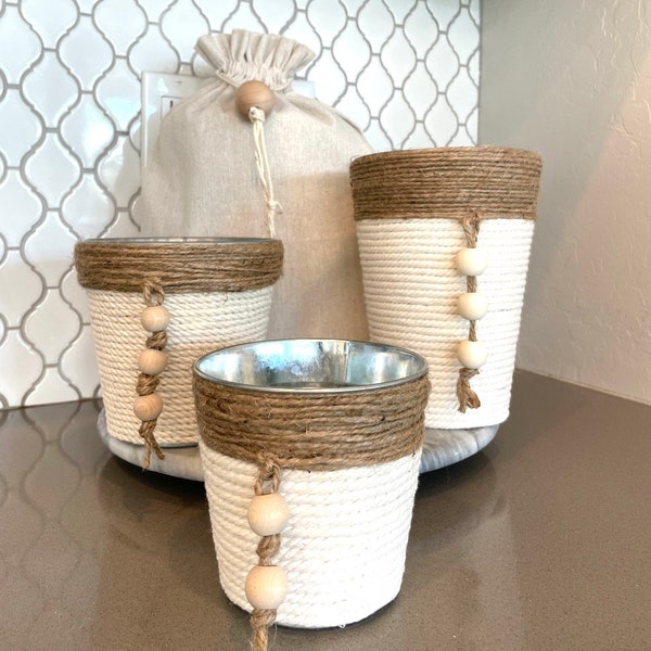 Rope Boho Metal Container set de 3, enveloppé dans de la corde naturelle et du jute avec des perles