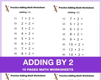 Addition Math Worksheets, Adding by 2, Numbers 1-20 (PDF Printable)