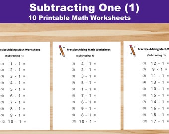 10 Printable Subtraction Math Worksheets. Subtracting 1. Numbers 1-20. Preschool, 1st Grade Math