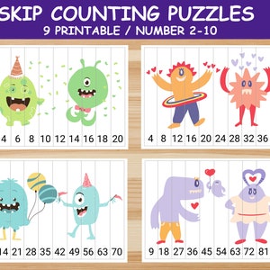 9 Skip Counting Puzzles by 2s - 10s, Cute Monster Puzzles, Number Puzzles, Printable, Preschool