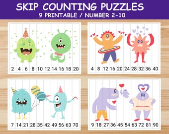 Cute Monster Skip Counting Puzzles 2-10 – Printable Math (PDF)