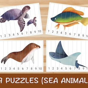 9 Sea Animal Printable Number Sequence Puzzles. number 1-10