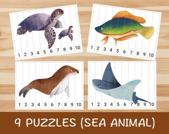 9 Sea Animal Printable Number Sequence Puzzles. number 1-10