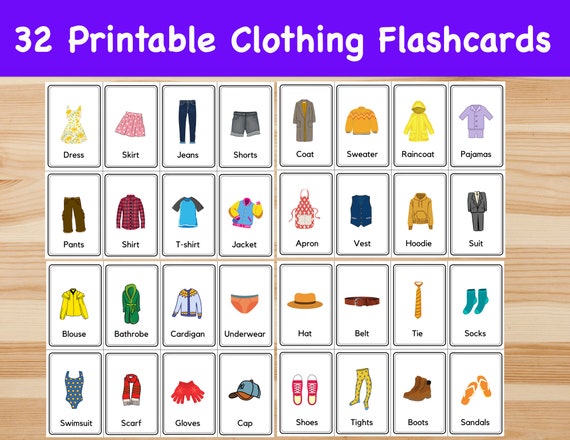 32 Clothing Flashcards / Image Cards for Kids, Preschoolers