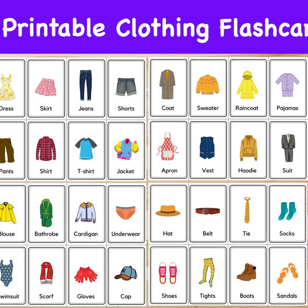 32 Clothing Flashcards / Image Cards for Kids, preschoolers. Nomenclature Cards. Printable Activity. Montessori.