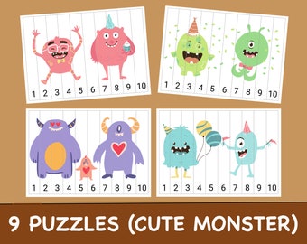 Cute Monster Number Sequence Puzzles 1-10 (Printable)