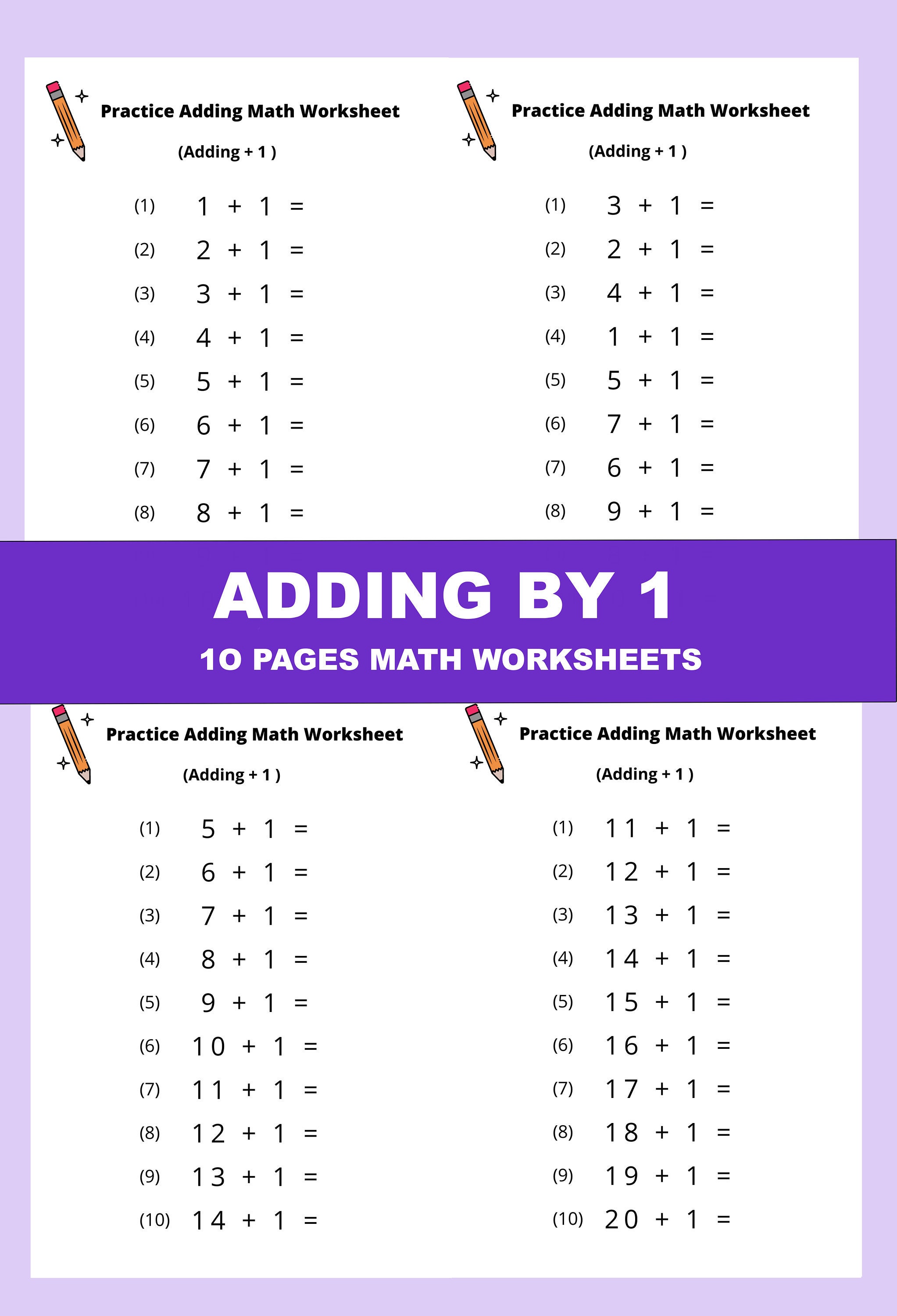 10 printable addition math worksheets adding by 1 numbers etsy australia