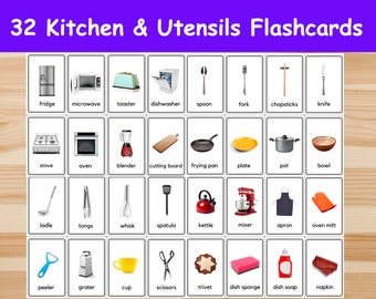Kitchen Utensil Flashcards, Printable Learning Cards (PDF)