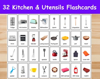 32 Kitchen Flashcards / Utensils, appliances Image Cards for Kids, preschoolers. Nomenclature Cards. Printable Activity. Montessori.