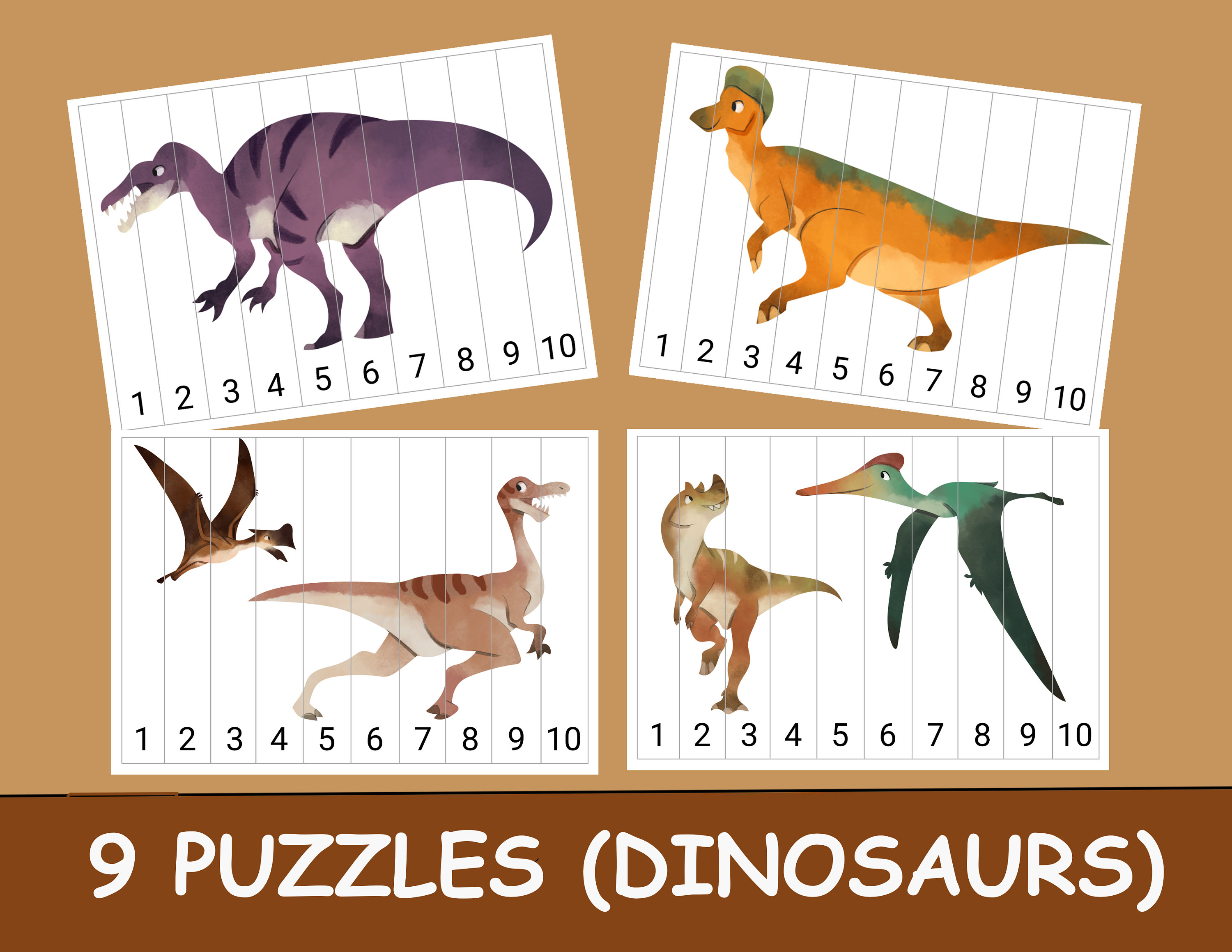 9 dinosaurs printable number sequence puzzles number 1 10 etsy
