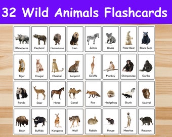 32 Flashcards/afbeeldingskaarten voor wilde dieren voor kinderen. Nomenclatuurkaarten. PDF-afdrukbaar. Montessori. peuter-
