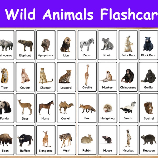 32 Wild Animals Flashcards / Image Cards for Kids. Nomenclature Cards. PDF Printable. Montessori. preschool
