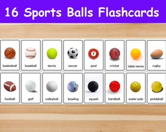 16 Sports Balls Flashcards / Image Cards for Kids, preschoolers. Nomenclature Cards. Printable Activity. Montessori.