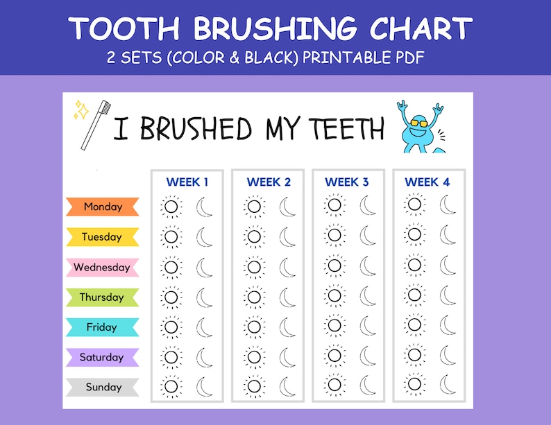 May include: A printable tooth brushing chart for kids with a blue monster character. The chart has a section for each day of the week and a space to mark if the child brushed their teeth in the morning and evening.