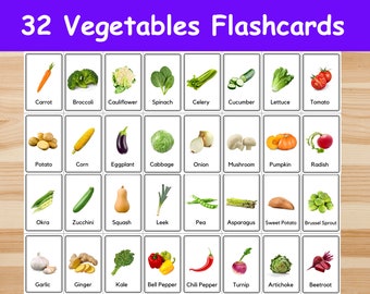 32 Vegetables Flashcards / Image Cards for Kids, preschool. Nomenclature Cards. Printable Activity. Montessori.