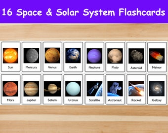 16 Space & Solar System Flashcards / Image Cards for Kids, preschoolers. Nomenclature Cards. Printable Activity. Montessori.