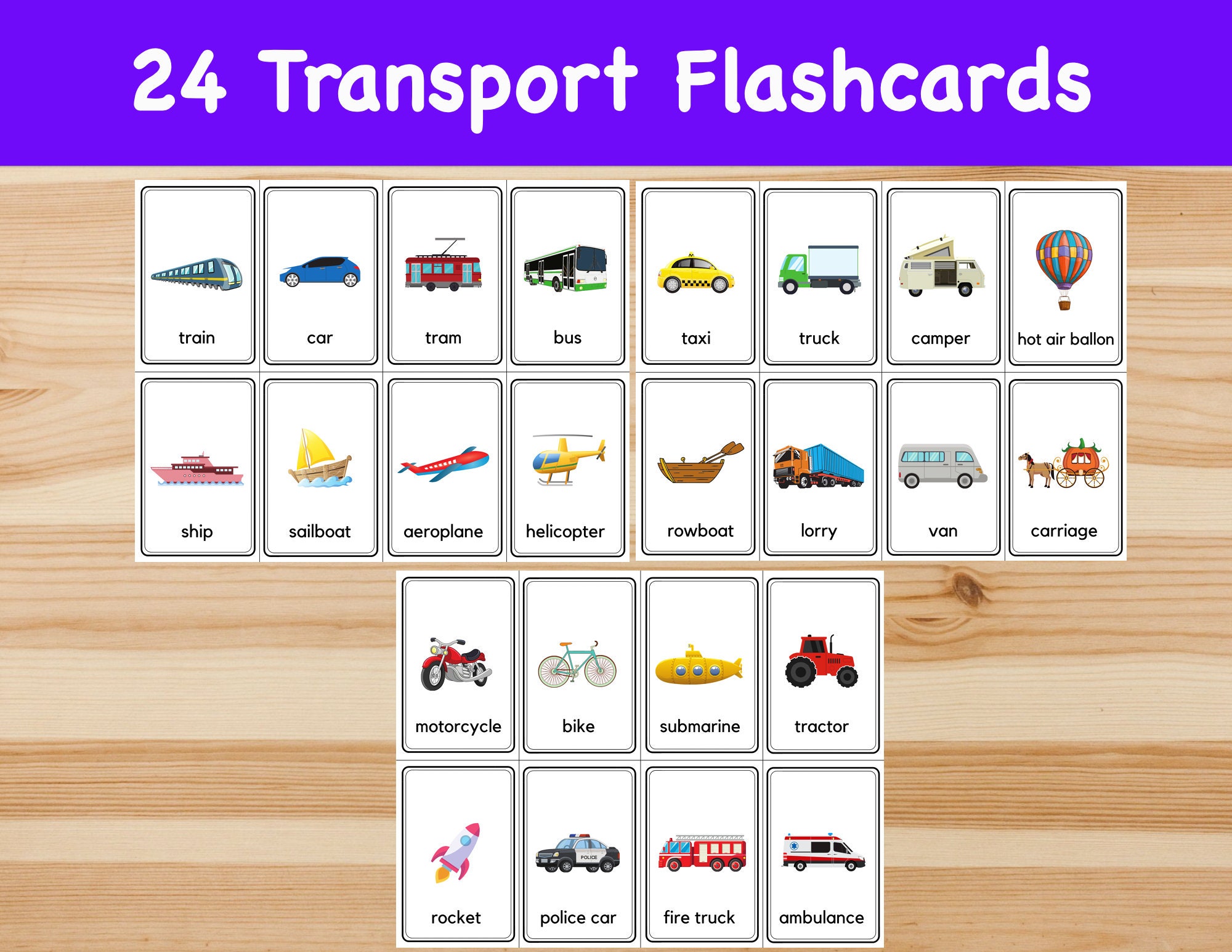 24 Transport Flashcards / Image Cards for Kids preschoolers