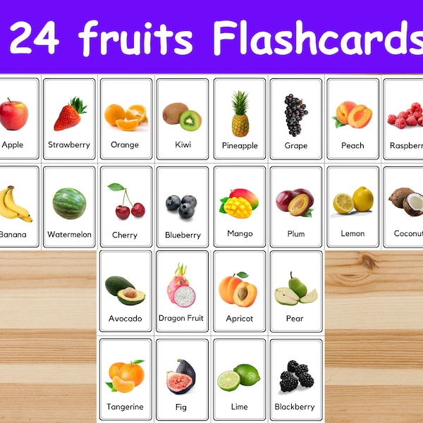 24 Fruits Flashcards / Image Cards for Kids. Nomenclature Cards. PDF Printable. Montessori. preschool