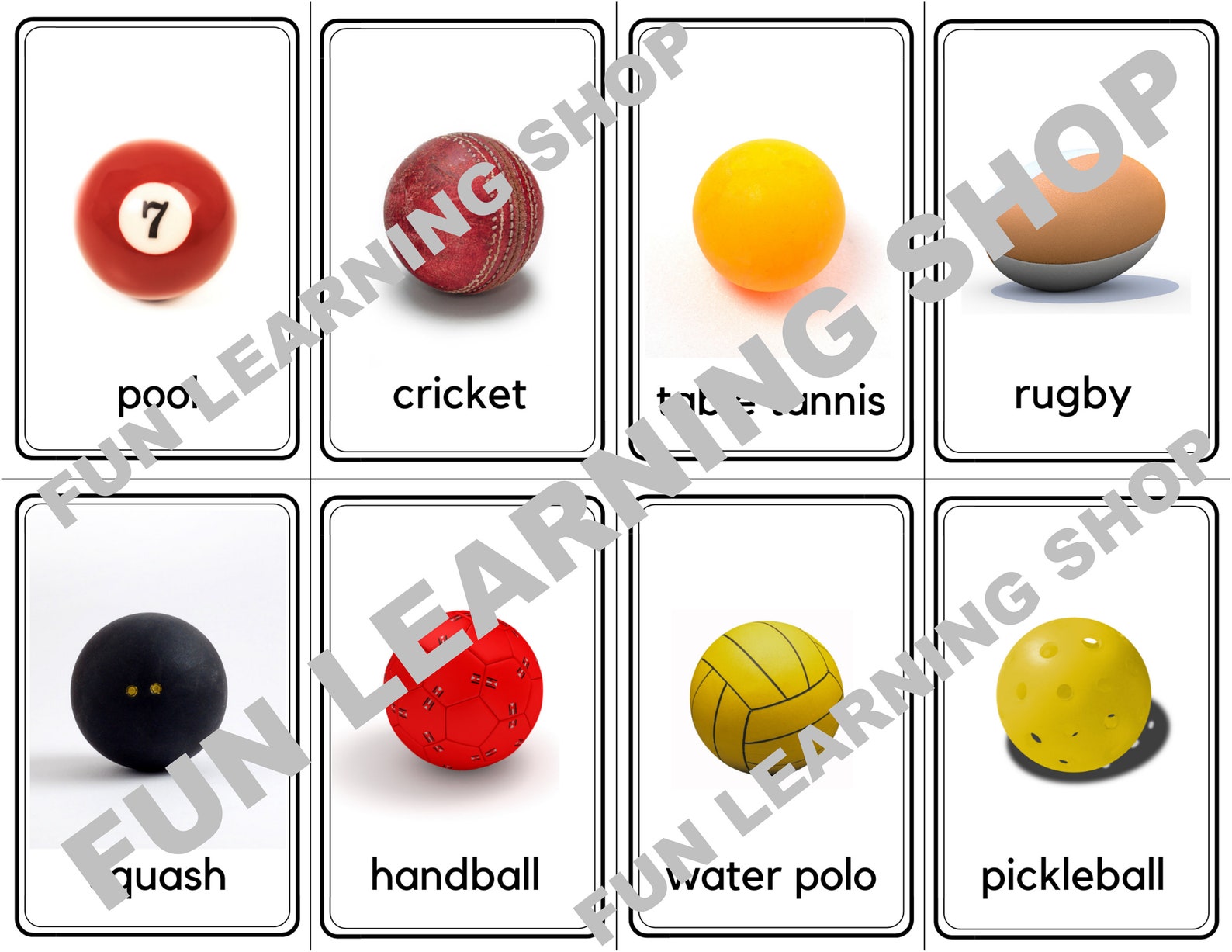 16 Sports Balls Flashcards / Image Cards for Kids, Preschoolers