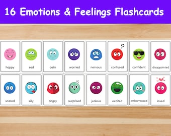 May include: A set of 16 flashcards featuring different emotions and feelings. Each card has a colorful cartoon face with a corresponding word label. The emotions include happy, sad, calm, worried, nervous, confused, confident, disappointed, scared, silly, angry, surprised, jealous, excited, embarrassed, and loved.