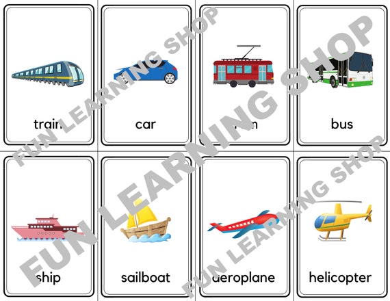 24 Transport Flashcards / Image Cards for Kids preschoolers