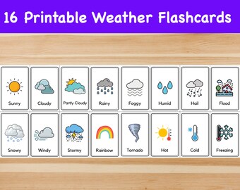 16 Weather Flashcards / Image Cards for Kids, preschoolers. Nomenclature Cards. Printable Activity. Montessori.