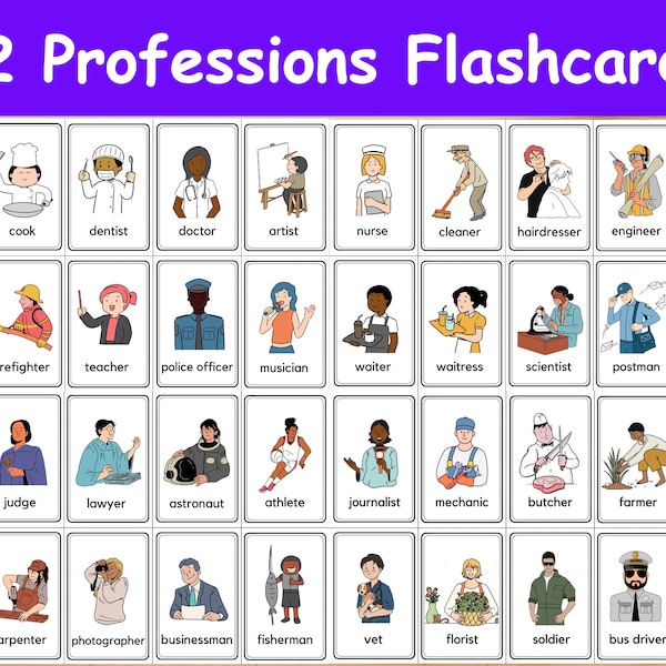 32 Professions Flashcards / Occupations, Job Image Cards for Kids, preschoolers. Nomenclature Cards. Printable Activity. Montessori.