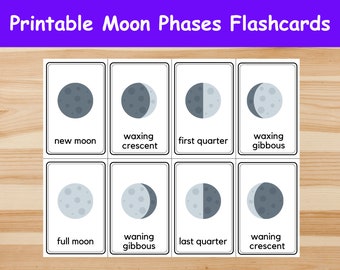 Moon Phases Flashcards / Image Cards for Kids, preschoolers. Nomenclature Cards. Printable Activity. Montessori.