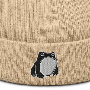 Matsumoto Hoji Frog Embroidered Beanie, Unimpressed Grumpy Sad Japanese Frog Embroidery Beanie Recycled Cottagecore Goblincore Clothing