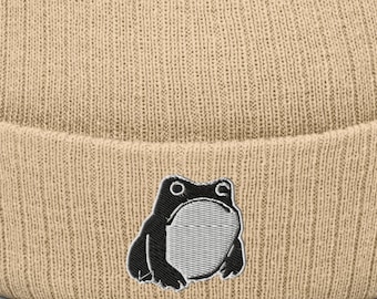 Matsumoto Hoji Frog Embroidered Beanie, Unimpressed Grumpy Sad Japanese Frog Embroidery Beanie Recycled Cottagecore Goblincore Clothing