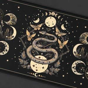 Celestial Snake Desk Mat, Dark Academia Pad Cottagecore Desk Mat, Black Witchy Moon Phases Gaming Pad, Extended Pad Extra Large, Altar Decor