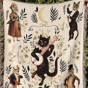 Cottagecore Banjo Cat Woven Throw Blanket, Moon Floral Decor Retro Goblincore Decor, Fairycore Cat Woven Tapestry, Victorian Medieval Cats