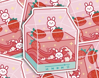 Erdbeer Milch Aufkleber, Milch Karton Aufkleber, Kawaii Kaninchen Bunny Aufkleber, Kaninchen Liebhaber Geschenk, Laptop Aufkleber, Kawaii Aufkleber, Vinyl Aufkleber