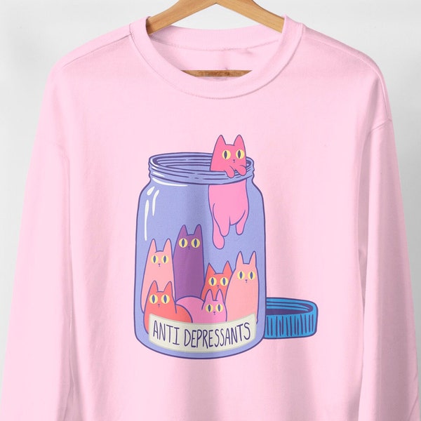 Harajuku Katzen Shirt, Pastel Goth Kleidung, Ästhetischer Pastel Shirt Hoodie, Mental Gesundheit Y2K Sweatshirt, Übergroßer Pullover Yami Kawaii