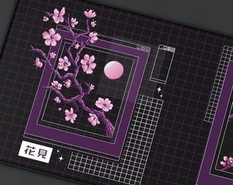Tapis de bureau rétro Vaporwave foncé, grand tapis de souris anime japonais kawaii, grand tapis de jeu étendu gaming Lo Fi sakura violet fleurs de cerisier
