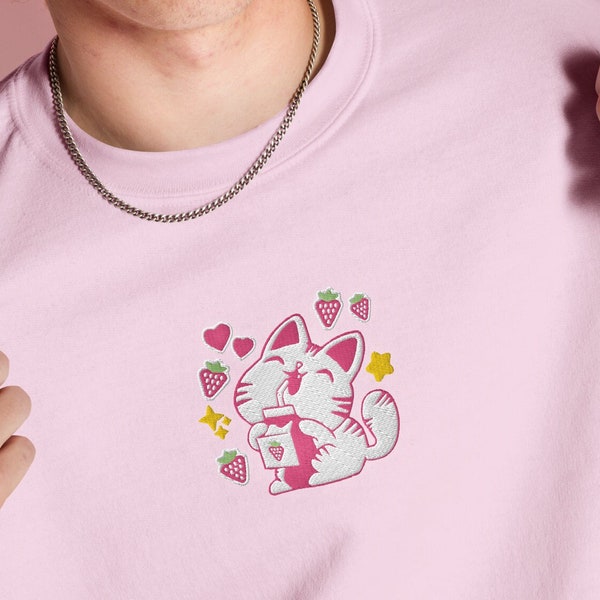 Gesticktes Erdbeermilch Katzen Sweatshirt, Kawaii Anime Stickerei, Kawaii Kleidung Harajuku Katze Niedliches Erdbeerhemd Pastell Goth Kleidung