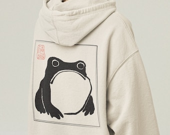 Premium Matsumoto Hoji Japanese Frog Hoodie, Unimpressed Grumpy Sad Frog, Cottagecore Clothing Oversized Sweatshirt, Goblincore Clothing
