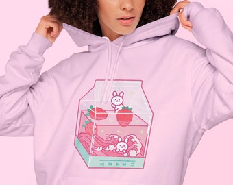 Strawberry Milk Hoodie, Harajuku Strawberry Shirt, Kawaii Anime Hoodie, Japanese Vaporwave Hoodie, Kawaii Plus Size Clothing