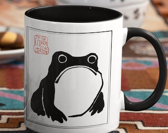 Unimpressed Frog Ceramic Accent Mug, Vintage Toad Japanese Aesthetic Coffee Cup, Matsumoto Hoji Fairy Grunge Cottagecore Funny Gift
