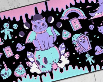 Harajuku Cat Pink Black Desk Mat, Pastel Goth Decor Witchy Mat, Kawaii Mouse Pad, Extra Large Japanese Gaming Mouse Pad, Kawaii Desk Decor