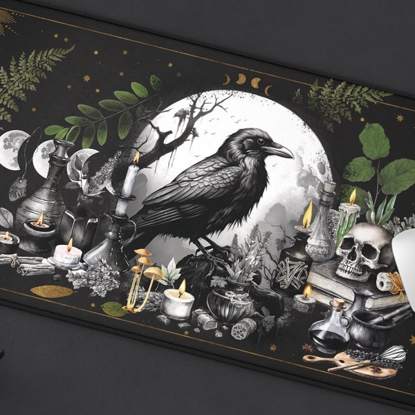 Witchy Raven Desk Mat, Cottagecore Dark Academia Black Extended Gaming XL Pad, Skull Potions & Witchy Stuff Forest Nature Gothic Mousepad