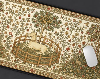 Unicorn in Captivity Desk Mat, Medieval Unicorn Tapestry Desk Pad, Cottagecore Office Decor, Dark Academia Mouse Pad, Fantasy Art Lover Gift