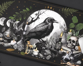 Witchy Raven Desk Mat, Cottagecore Dark Academia Black Extended Gaming XL Pad, Skull Potions & Witchy Stuff Forest Nature Gothic Mousepad