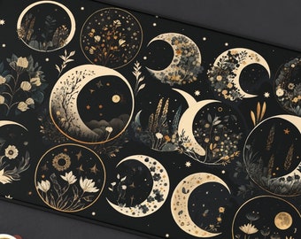 May include: A black mouse mat with a repeating pattern of gold crescent moons and floral designs. The design is on a black background.
