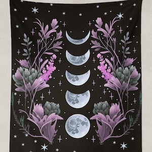 Moon Phases Witchy Tapestry Floral Pagan Altar Cloth Cottagecore Decor Celestial Gothic Tarot Black Tapestry, Botanical Flowers Wall Hanging